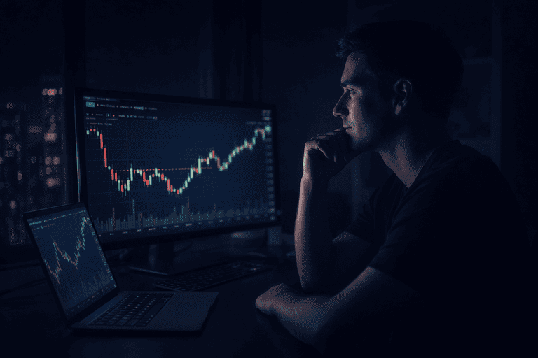 Calm trader at computer watching crypto charts at night, symbolizing discipline and patience.
