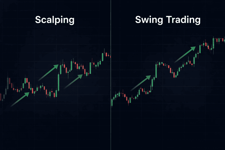 Side-by-side comparison showing crypto scalping with short trades and swing trading with longer moves.