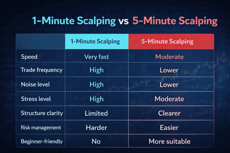 Comparison table showing differences between 1-minute scalping and 5-minute scalping in crypto trading 