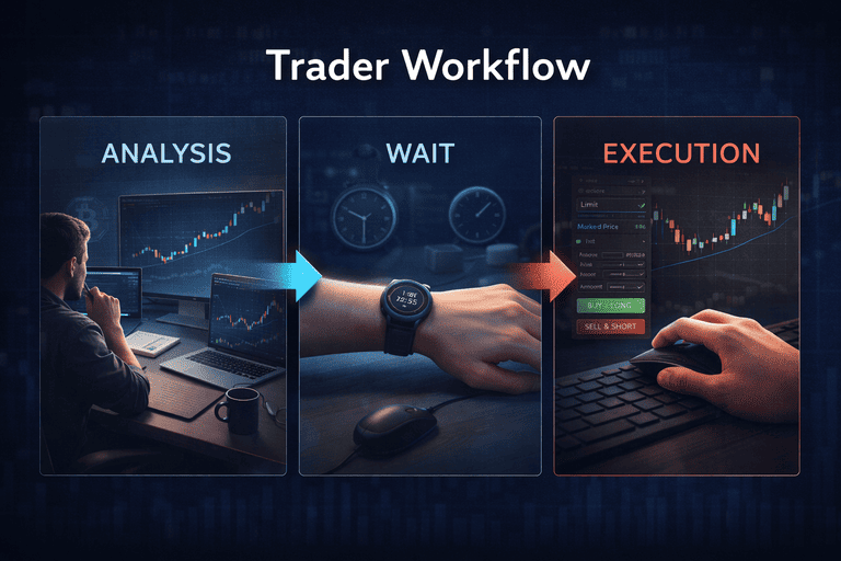 Trader workflow showing analysis, waiting for confirmation, and execution in a 5-minute crypto scalping strategy 