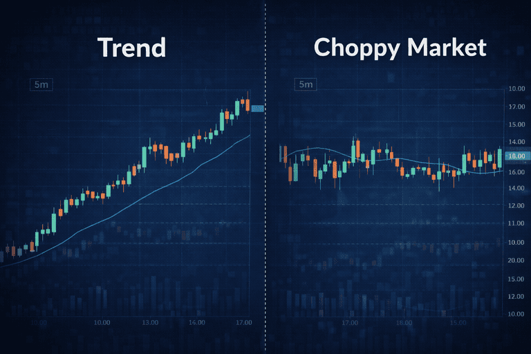 Comparison of a trending market and a choppy market on a 5-minute crypto trading chart