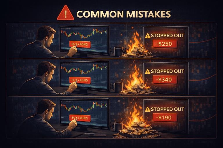 Illustration showing a trader repeating the same crypto trading mistake and getting stopped out multiple times 