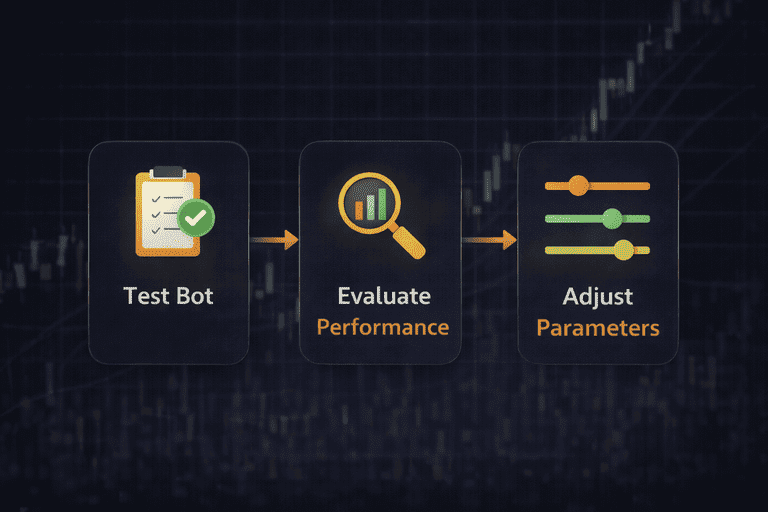 Illustration showing the steps of an automated trading bot: test, evaluate performance, and adjust parameters