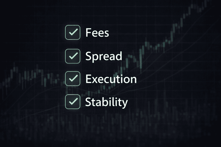 Checklist showing fees, spread, execution and stability as key factors when choosing a crypto exchange