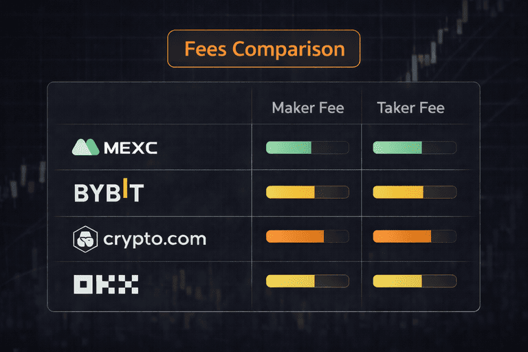 Bar style comparison showing relative maker and taker fees across different crypto exchanges