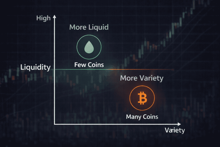 Diagram comparing liquidity and coin variety to show the trade-off between fewer liquid pairs and many altcoins