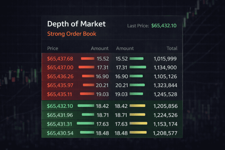 Depth of market view showing a strong order book with stacked buy and sell orders in crypto trading