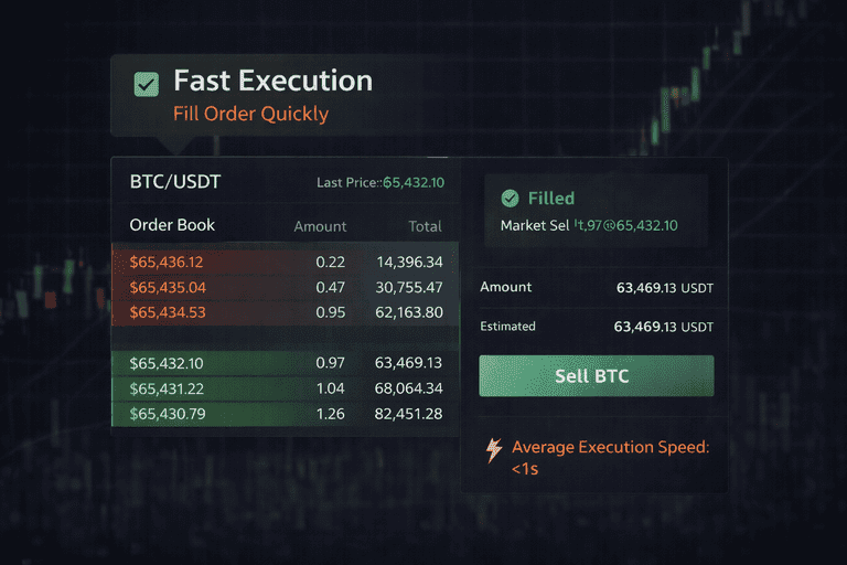 Trading interface mockup showing a crypto order book and fast execution confirmation on a market order