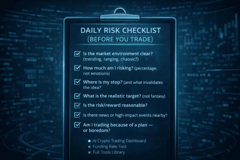 Daily risk management checklist for crypto traders before entering trades.