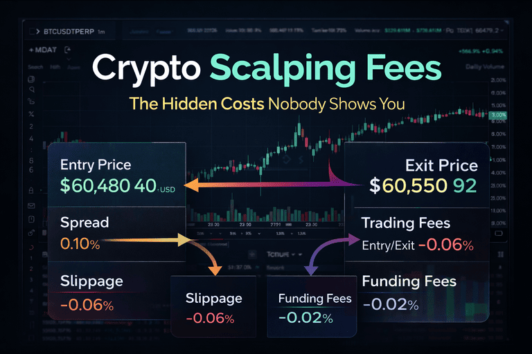Diagram showing the process from entry to exit in crypto scalping with arrows for spread, slippage, trading fees and funding costs.
