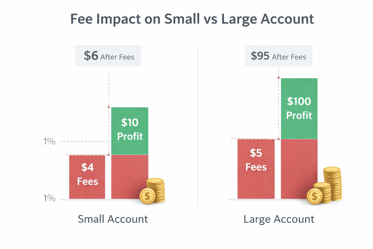 Visual comparison of trading fees affecting small and large crypto trading accounts