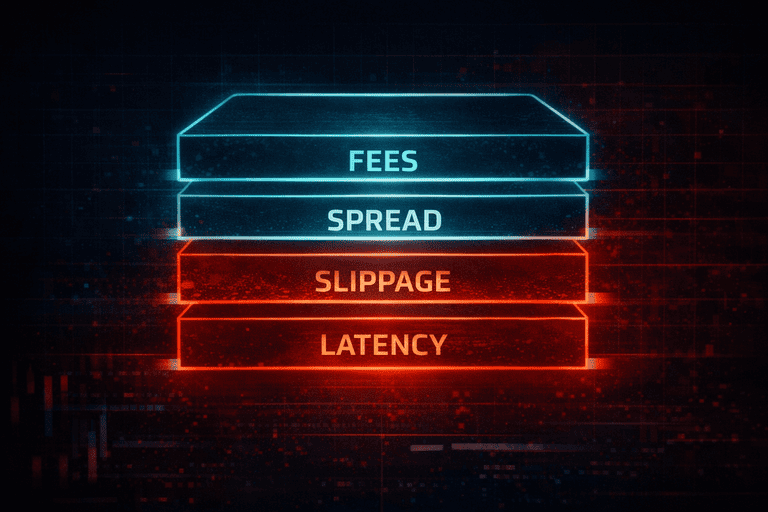 Crypto exchange cost stack showing fees spread slippage and latency affecting scalpers