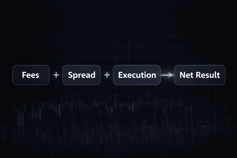 Infographic showing how fees, spread and execution combine to create the final trading result in crypto scalping
