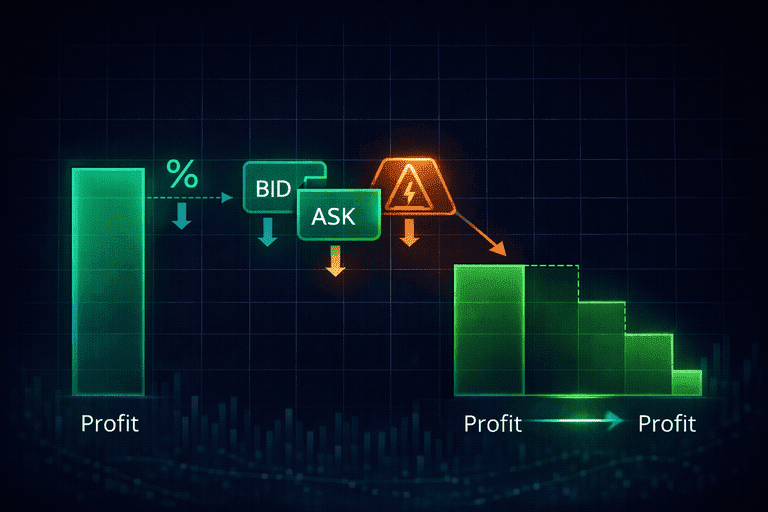 Illustration showing fees, spreads and slippage slowly reducing profit