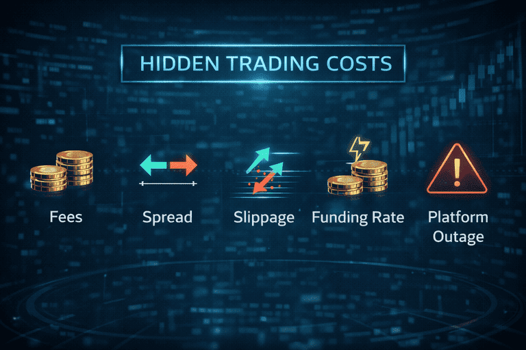 Infographic listing hidden crypto trading costs including fees, spread, slippage, funding rates and exchange outages.