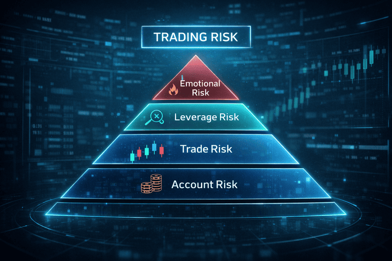 Diagram showing layered trading risk: account risk, trade risk, leverage risk, and emotional risk stacked together.