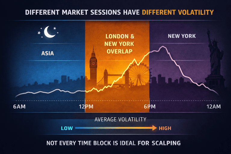 Chart showing Asia, London and New York trading periods and how volatility typically rises and falls