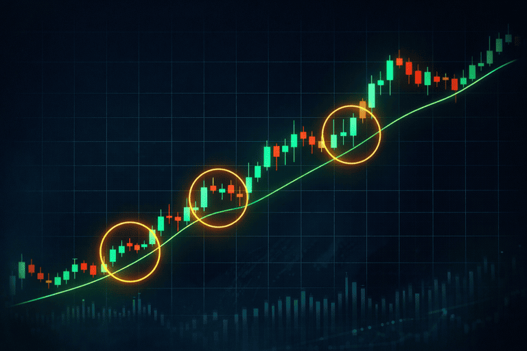 Chart showing uptrend with pullback areas highlighted as safer entry zones