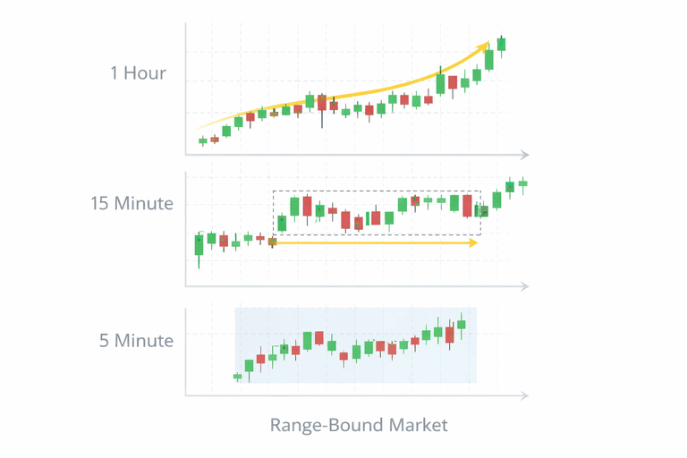 Multi-timeframe crypto trading chart showing higher and lower timeframe alignment