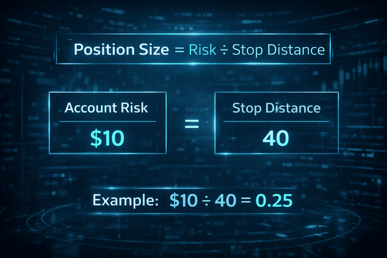 Visual explanation of crypto position sizing formula using account risk divided by stop distance with example values.
