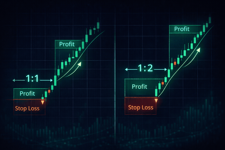 Illustration comparing 1:1 versus 1:2 risk reward setups on a trading chart