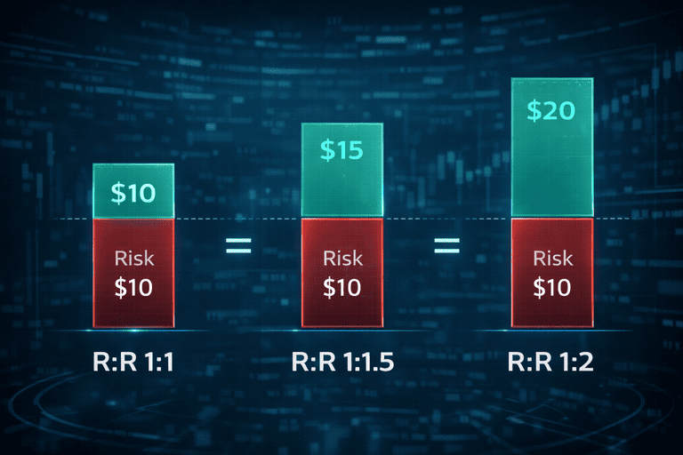 Graphic comparing 1:1, 1:1.5 and 1:2 risk reward ratios for crypto trades.