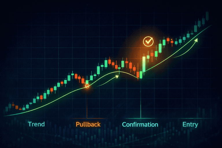 Illustration showing entry after pullback with confirmation candle