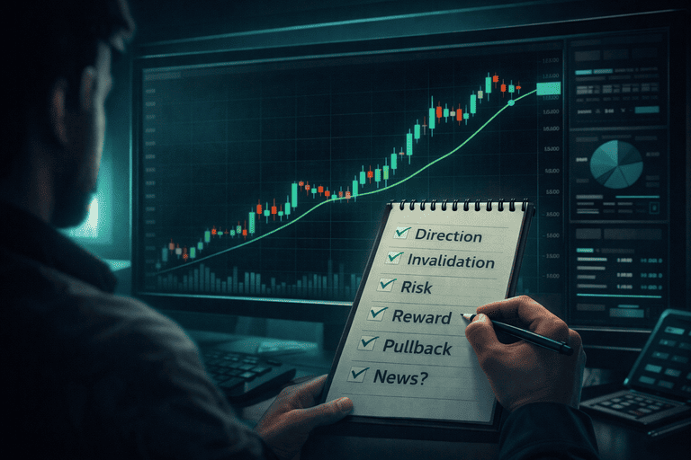 Trader reviewing a pre-trade checklist while watching crypto price chart