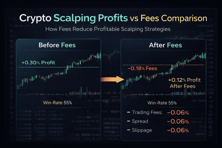 Side-by-side chart comparing profitable scalping strategy before fees versus reduced profit after fees.