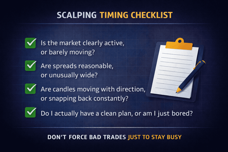 Checklist graphic showing how to assess market conditions before scalping
