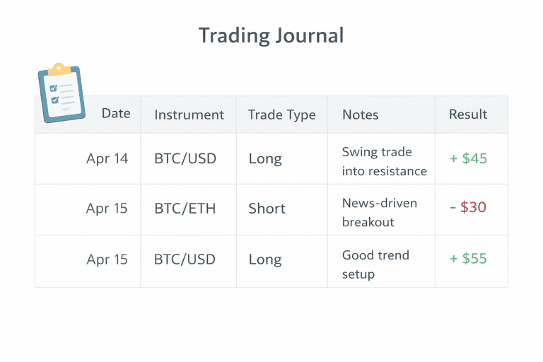 Example of a simple crypto trading journal used to track trades and results