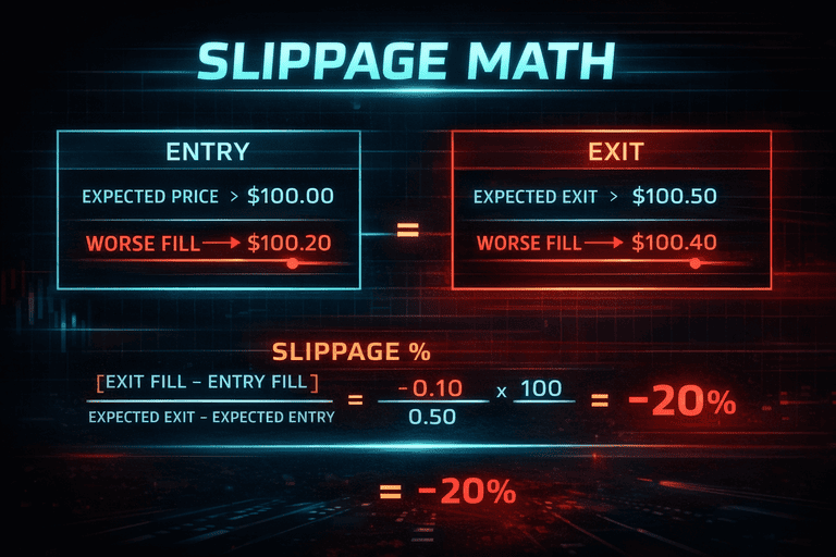 Slippage percentage calculation example for a scalping entry and exit