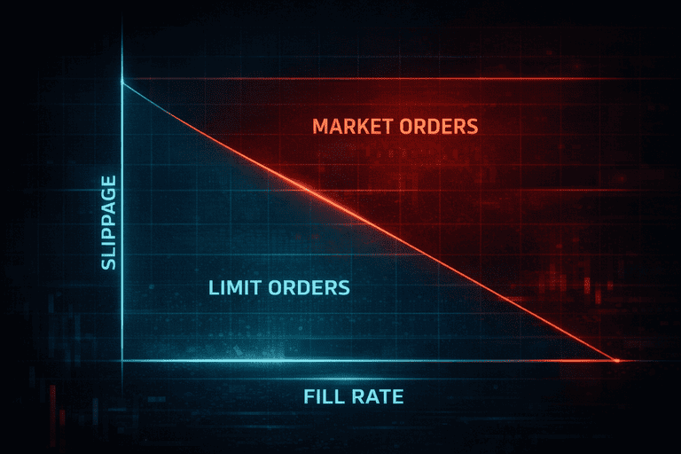 Slippage versus fill rate tradeoff for market orders and limit orders in crypto scalping