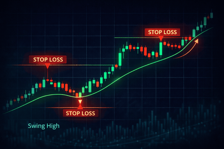 Chart showing stop loss placed beyond swing high and swing low levels