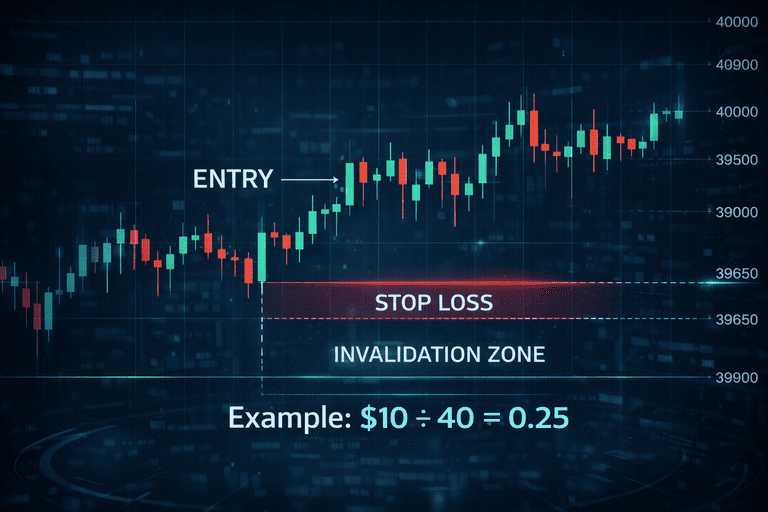 Chart example showing entry level, stop loss zone, and invalidation area for crypto scalping trade.
