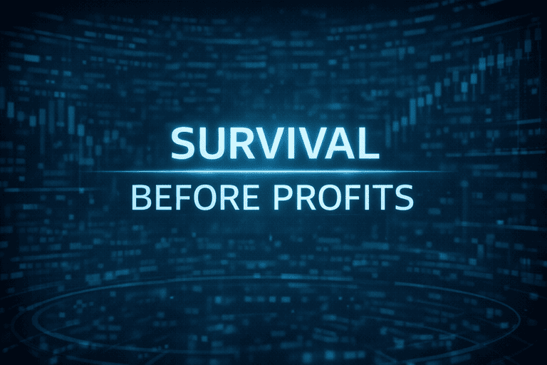 Quote visual emphasizing survival before profits in crypto trading risk management.