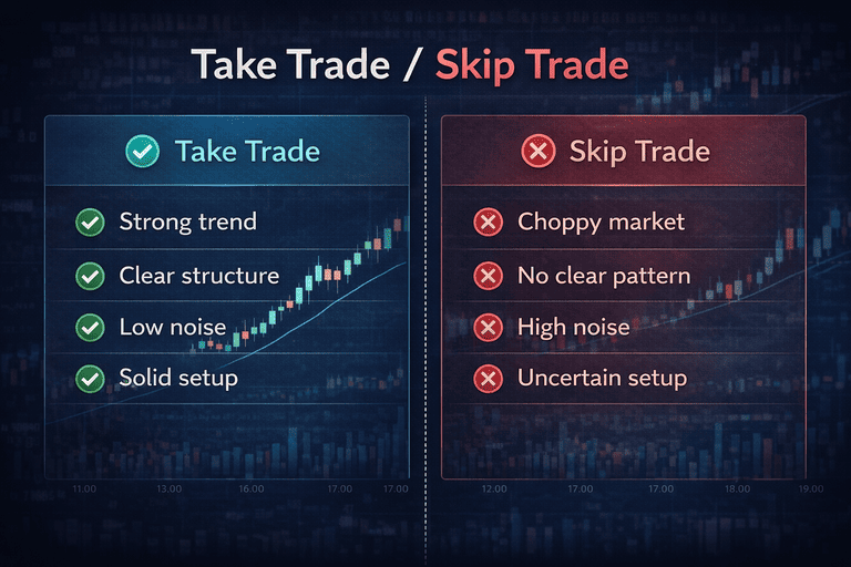 Checklist showing when to take a trade and when to skip a trade in a 5-minute crypto scalping strategy 