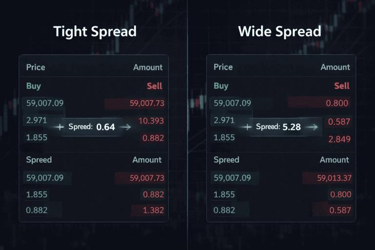 Example chart showing the difference between tight and wide spreads in crypto trading