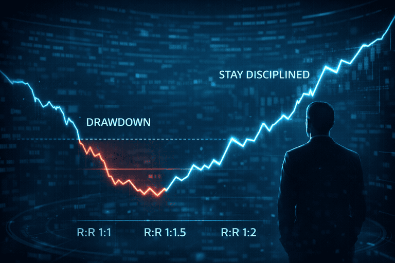 Chart showing drawdown curve with calm trader staying disciplined instead of increasing risk.