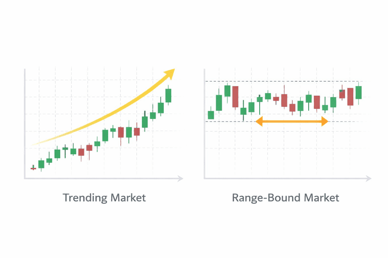 Chart comparing a trending crypto market versus a range-bound market