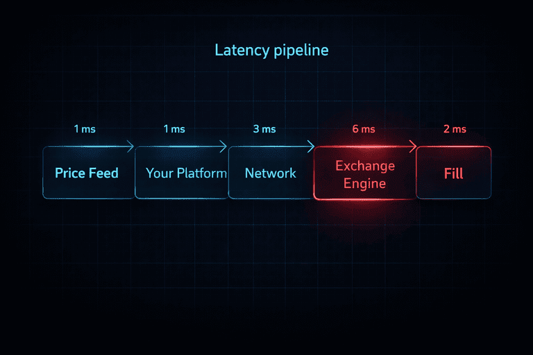 Latency pipeline diagram from price feed to order fill in crypto trading