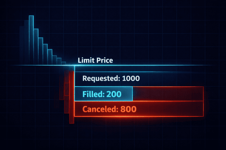 IOC order partial fill example showing limited liquidity at the limit price
