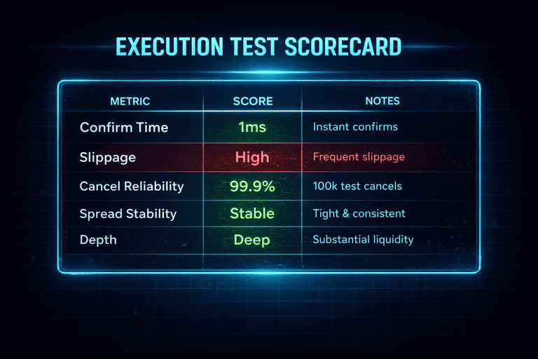 Crypto scalping execution test scorecard comparing confirmation speed slippage and cancel reliability