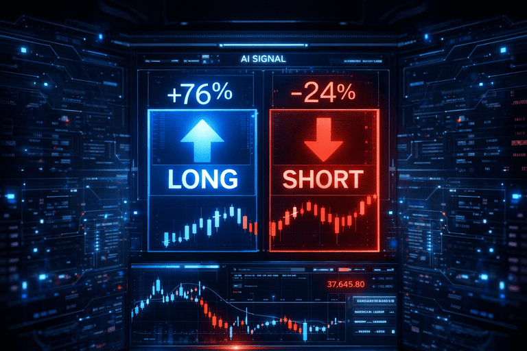 AI crypto trading signal interface showing long vs short sentiment