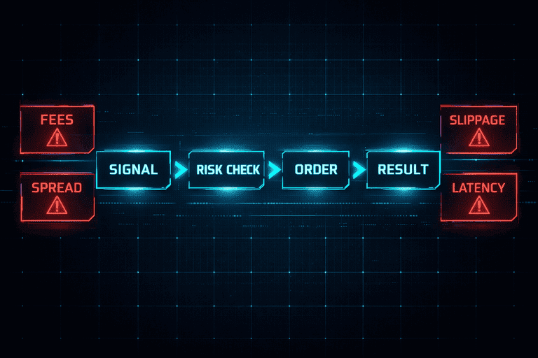 Crypto trading bot automation flow with risk control and execution costs
