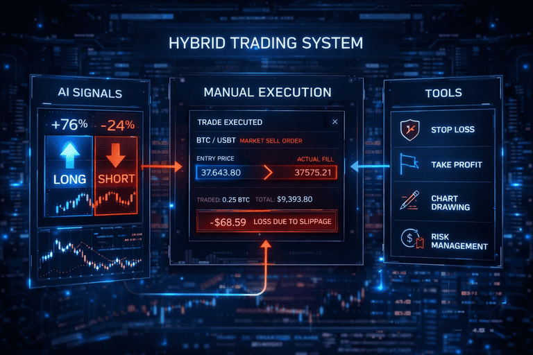 hybrid crypto trading system combining AI signals and manual execution