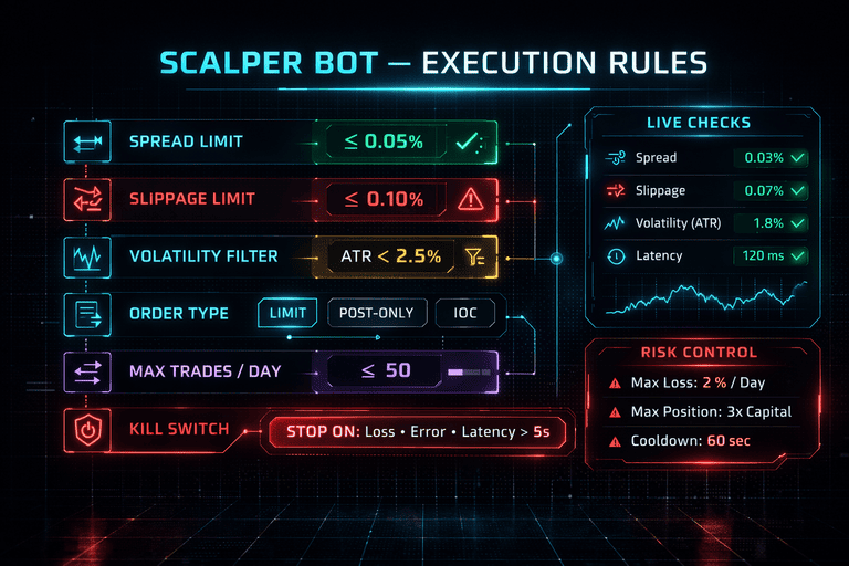 Execution rule set for a crypto scalping bot using spread slippage and volatility filters