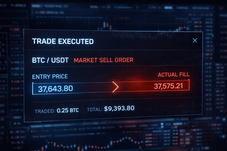 crypto trade slippage showing execution price difference