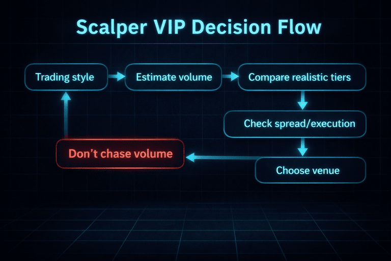 Decision flow for scalpers choosing crypto exchange VIP fee tiers based on trading style and volume