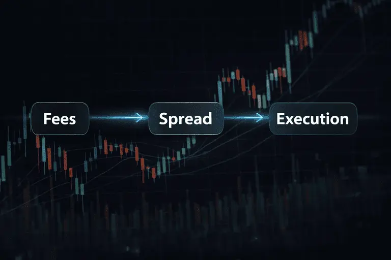 Diagram showing fees, spread and execution steps on a crypto trading chart for scalping